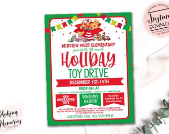 Peut inclure: Flyer pour une collecte de jouets de Noël, avec un design rouge, vert et blanc. Le texte comprend des détails sur l'événement, les lieux de dépôt et les dates. Le flyer présente également des illustrations de jouets.