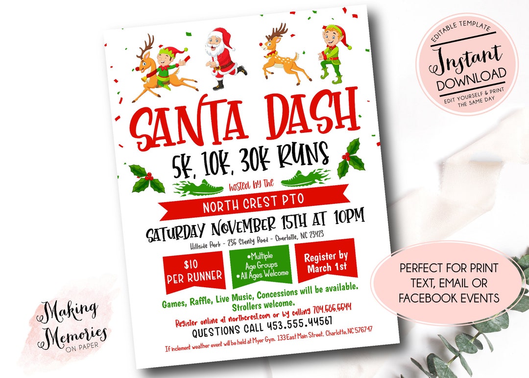 Santa Fun Flyer, Christmas Marathon Run Invite, Santa Dash Run Template ...
