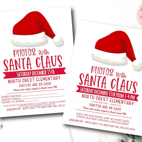 Photos with Santa Claus Flyer,photos with santa invitation, Christmas fundraiser, santa pictures, School Fundraiser, meet santa invite