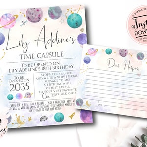 Editable Space Time Capsule Sign And Cards, Girl outer space time capsule Editable Outer Space Time Capsule, First birthday time capsule
