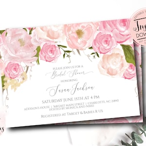 May include: A printable bridal shower invitation with a pink floral design. The invitation reads "Please join us for a Bridal Shower honoring Susan Jackson. Saturday June 15th at 4 PM. Addison's House 368 East Main Street | Charlotte, NC 28190. Hosted by Monica and Nikki. Registered at Target & Babies R Us."