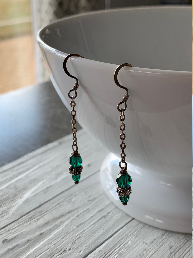 emerald Swarovski crystal and sterling silver dangling earrings image 9