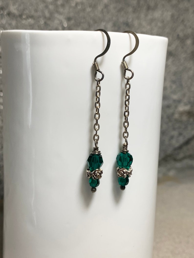 emerald Swarovski crystal and sterling silver dangling earrings image 5