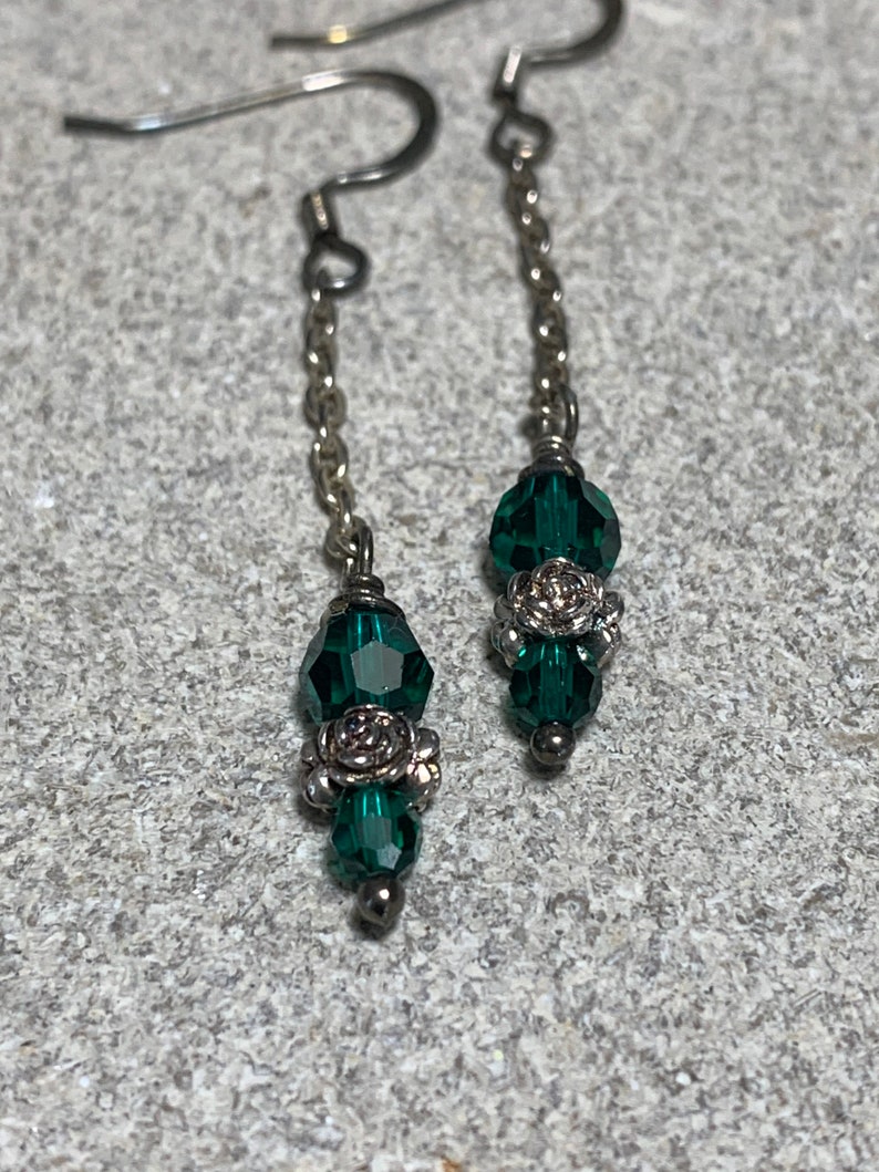 emerald Swarovski crystal and sterling silver dangling earrings image 7