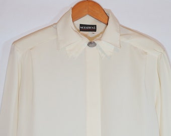 Vintage 80s 90s Cream Silky Statement Collar Button Up Blouse