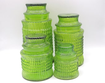 Vintage Green Glass Anchor Hocker Canister Set