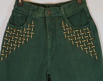 Vintage 80s 90s Green Denim High Waisted Mom Jean with Gold Studding Size 9/10