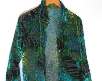 Vintage 90 2000s Y2K Blue Green Sheer Velvet Animal Print Button Up Blouse