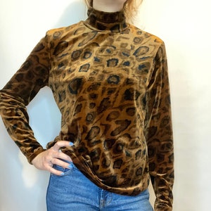 Vintage 70s 80s Style High Neck Brown Velvet Animal print Top image 1