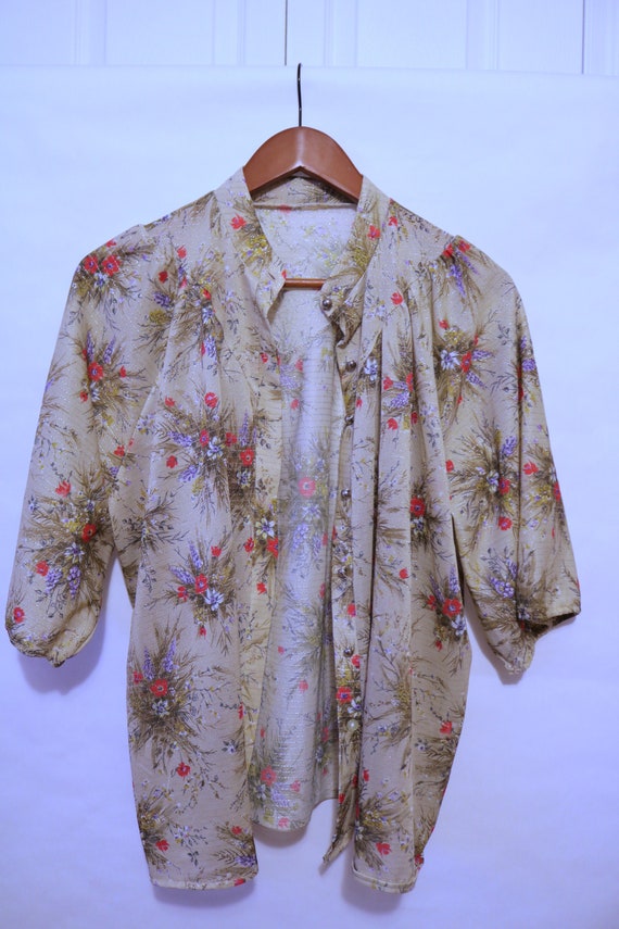 Vintage 60s 60s Cream floral Button Up Bow Tie Col