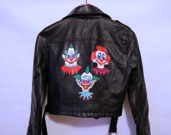 Handmade Killer Clowns From Outer Space Faux Leather Cropped Biker Jacket