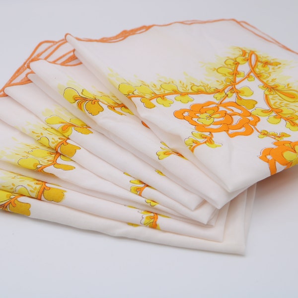 Vintage 70s Orange Yellow Floral Cloth Napkins Set of seven