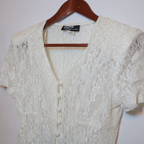 Vintage 80s 90s White Sheer Lacey Button Up Blouse