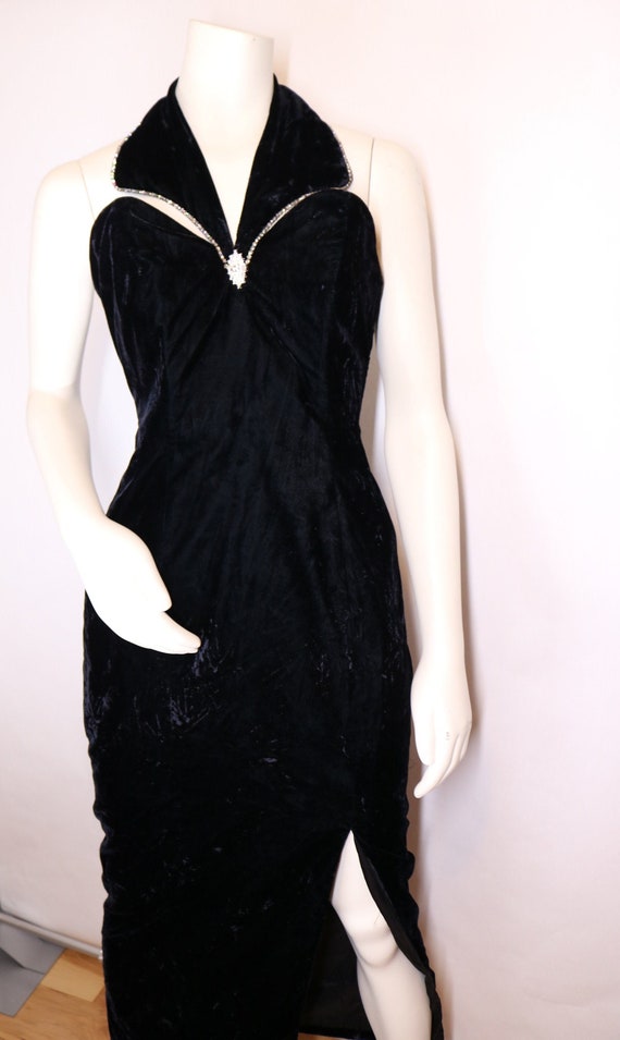 Vintage 90s Black Velvet Faux Collared Dress - image 2