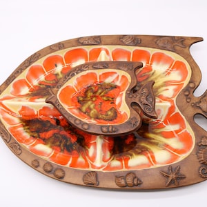 Vintage 60s 70s Treasure Craft Orange Brown Glazed Fish Chip and Dip Platter