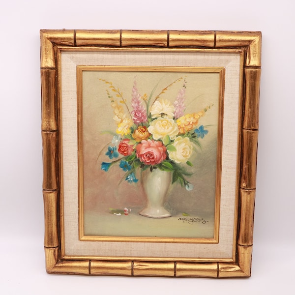 Vintage 7 1/2 x 9 1/2 Oil Floral Painting in 12 x 14 Gold Bamboo Frame
