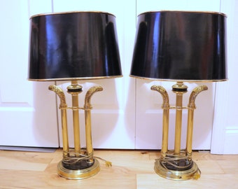 Vintage Hollywood Regency Style Black and Gold Brass Snake Cobra Lamps