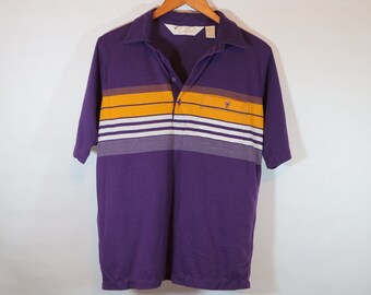 Vintage 80s 90s  Arnold Palmer Purple Yellow Striped Mens Collared Polo