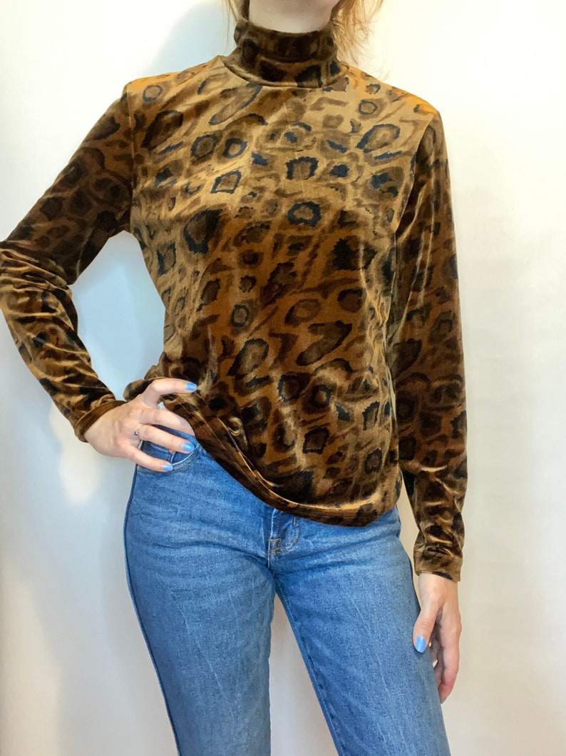 Vintage 70s 80s Style High Neck Brown Velvet Animal print Top image 1