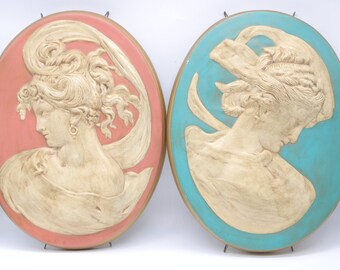 Vintage 70s Greek Roman Goodess Chalkware Cameo Wall Hangings