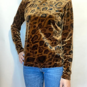 Vintage 70s 80s Style High Neck Brown Velvet Animal print Top image 2