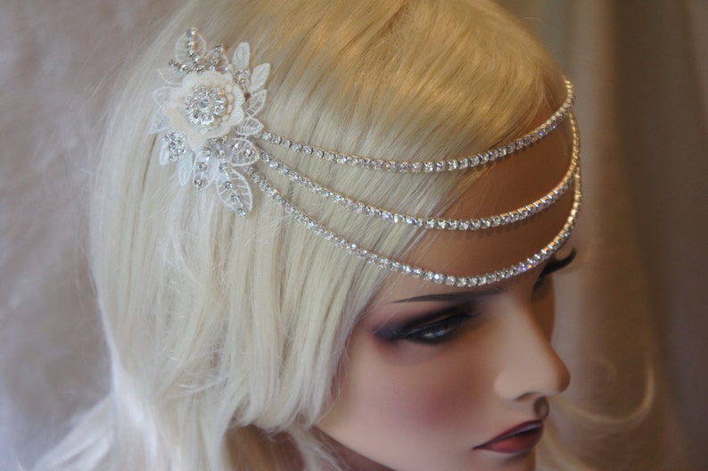 Boho- Halo Headpiece Flower Lace Embroidery Bridal Rhinestone Chain Headpiece Ivory Lace Flower Chain ~LEAH~ Bridal Chain Headband