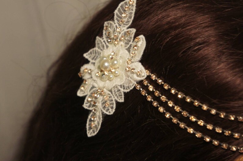 Boho- Halo Headpiece Flower Lace Embroidery Bridal Rhinestone Chain Headpiece Ivory Lace Flower Chain ~LEAH~ Bridal Chain Headband