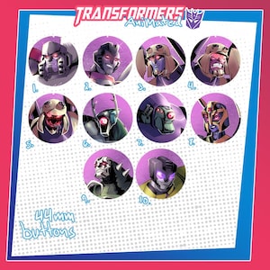 May include: A sheet of 44mm buttons featuring various Transformers Animated character portraits. The buttons are arranged in a grid, each within a purple circle. The Transformers Animated logo is at the top.