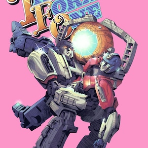 Puede incluir: Ilustración de cómic con dos personajes de Transformers sobre un fondo rosa. Uno es azul y blanco, el otro rojo y azul. La imagen incluye la palabra "Transformers" en una fuente estilizada, con texto japonés encima.