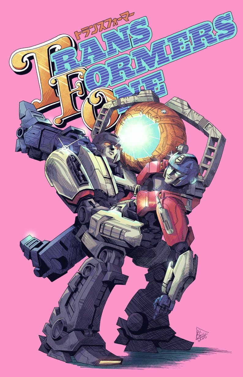Puede incluir: Ilustraci&oacute;n de c&oacute;mic con dos personajes de Transformers sobre un fondo rosa. Uno es azul y blanco, el otro rojo y azul. La imagen incluye la palabra "Transformers" en una fuente estilizada, con texto japon&eacute;s encima.