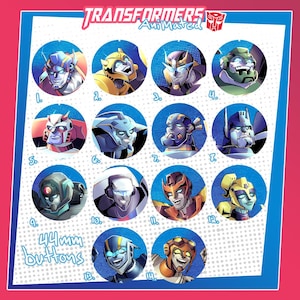 May include: A sheet of 14 round buttons featuring various Transformers Animated character portraits. Each button is 4.4cm in diameter and has a different character design. The buttons are set against a blue and white dotted background, with the Transformers Animated logo at the top.