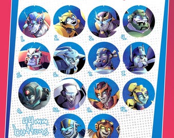 May include: A sheet of 14 round buttons featuring various Transformers Animated character portraits. Each button is 44mm in diameter and has a different character design. The buttons are set against a blue and white dotted background, with the Transformers Animated logo at the top.