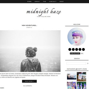May include: A website design with a black and white color scheme. The header includes the text "midnight haze" and "YOUR TAGLINE HERE". The main content features a grayscale photo and text. A profile picture and social media icons are on the right.