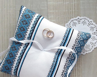 Wedding ring pillow, Ethnic Ukrainian bearer pillow, Blue and black bridal pillow, White wedding pillow, Wedding cushion, Folk ring pillow