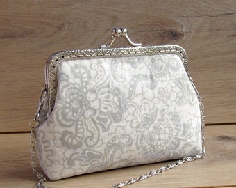 Ivory Glitter Purse, Wedding Gray Clutch, Floral Change Pouch with Kisslock, Bridal Beige Small clutch