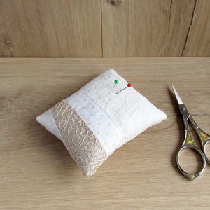Lace pincushion, Patchwork needle holder, Sewing pin cushion white and beige, Polka dots pin cushion, OOAK Needlework gift for a quilter