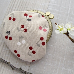 Coin Purse with Cherries Linen Change Pouch Red Cherry Wallet Fruit Berries Purse with Kiss Lock Retro Style Summer Gift for Her