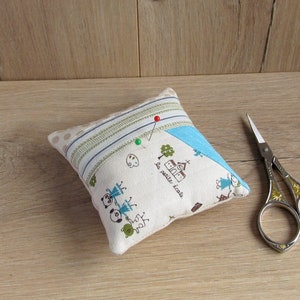 Sewing pincushion, Turquoise needle holder, OOAK Patchwork pin cushion with funny animals, Polka dots pin cushion, Needlework kawaii gift