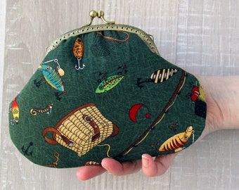 Fishing Lures Purse, Green Handbag, Fishing Change Pouch, Fisherwoman Clutch, Dark Green Change Purse, Fisherman's wife gift, Coin Purse