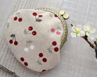 Coin Purse with Cherries, Linen Change Pouch, Red Cherry Wallet, Fruit Berries Purse with kiss lock, Retro Style Coin Purse, Gift for Her