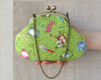 Gardening Purse, Green Handbag, Gardening Tools Change Pouch, Spring Clutch, Garden watering and gloves, Change Purse, Gardener gift