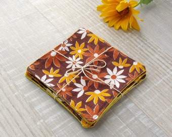 Linen Coaster Set of 4, Fabric floral coasters. Washed Kitchen Accessory, Brown and Yellow eco friendly rustic coasters, Handmade table mats