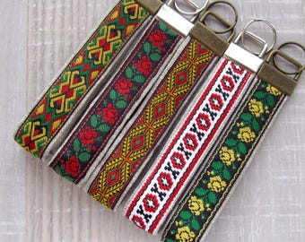 Linen and Tape Ethnic Keychain Ukrainian Key Fob Fabric Key Chain Wristlet Strap Keychain Ukraine Folk Small Gift Linen Geometric Keychain