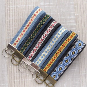 Denim Ethnic keychain, Ukrainian key fob, Jeans key chain, Wristlet strap keychain, Ukraine folk wedding, Recycled denim, Small ethnic gift