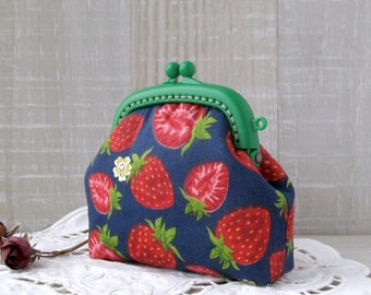 Strawberry purse, Navy blue coin purse with berries, Red berry change pouch, Green frame purse Summer gift for her, Clasp frame small clutch