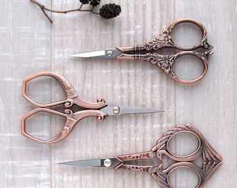 Antique copper needlework scissors, Embroidery cutter, Sewing quilting scissors, Vintage craft tools, Thread Scissors, Seamstress gift