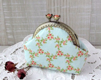 Mint floral coin purse, Pale blue change pouch with kisslock, Pastel wedding purse, Bridesmaid gift, Coral and pink flowers frame purse