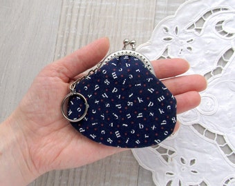 Keychain purse with Letters, Navy blue small coin purse, Change pouch, Alphabet fabric fob purse, ABC, Back to school gift, Cotton USB pouch