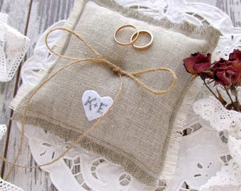 Personalized Rustic Ring Wedding Pillow, Burlap Bearer Pillow with White Felt Heart