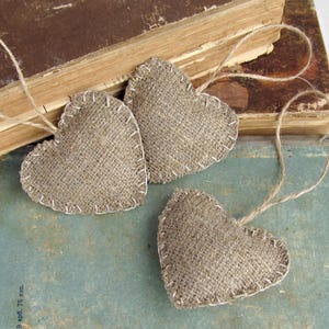 Burlap hearts ornaments, Valentine's Day rustic, Christmas Tree decor, Red wedding love, Denim home decoration, Linen Christmas gift tags